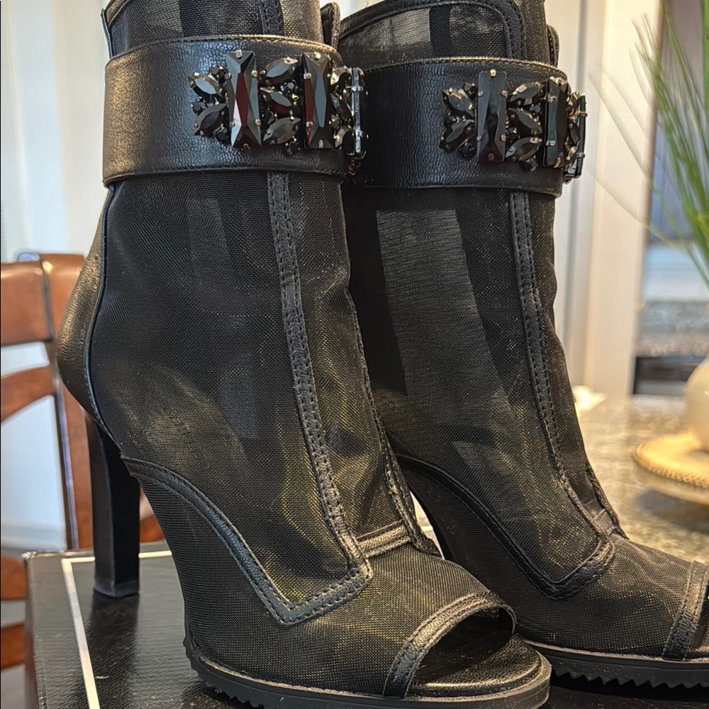 Karl Lagerfeld Black Mesh Peep-Toe Ankle Boots